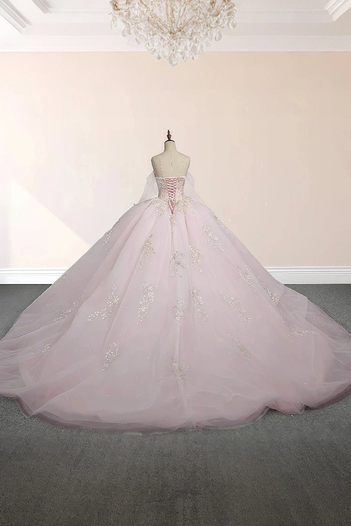 Ellie | Exquisite Light Pink Lace Strapless Corset Quinceanera Dresses for Memorable Celebrations - Light Pink - PromDressClub