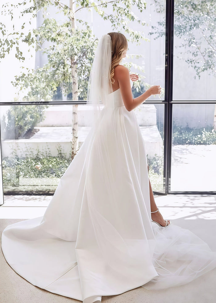 Elma | Elegant A - Line Strapless Backless White Satin Wedding Dress Train with Slit - Price #price_variant_lowest# - White - PromDressClub