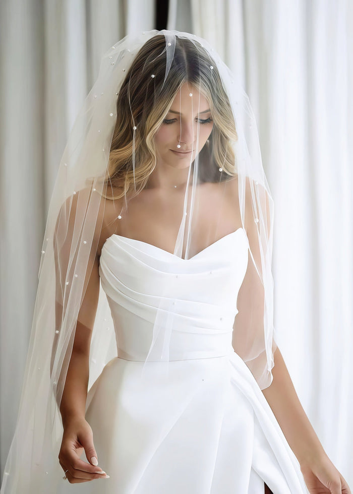 Elma | Elegant A - Line Strapless Backless White Satin Wedding Dress Train with Slit - Price #price_variant_lowest# - White - PromDressClub