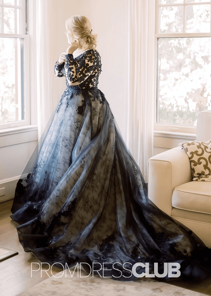 Elsa |Plus Size Black Wedding Dresses Long Sleeves Tulle A Line V Neck Gothic Bridal Gown Elsa |Plus Size Black Wedding Dresses Long Sleeves Tulle A Line V Neck Gothic Bridal Gown