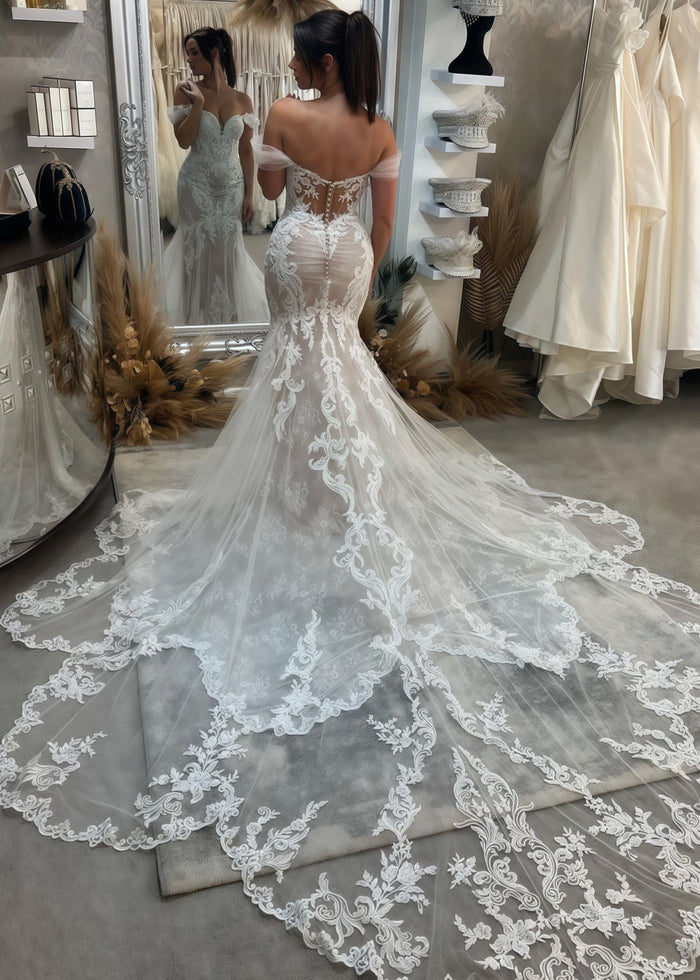 Elsa | Sexy Mermaid Off the Shoulder Appliques Lace White Tulle Wedding Dress Train - Price #price_variant_lowest# - White - PromDressClub