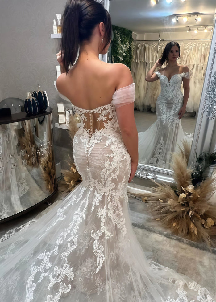 Elsa | Sexy Mermaid Off the Shoulder Appliques Lace White Tulle Wedding Dress Train - Price #price_variant_lowest# - White - PromDressClub