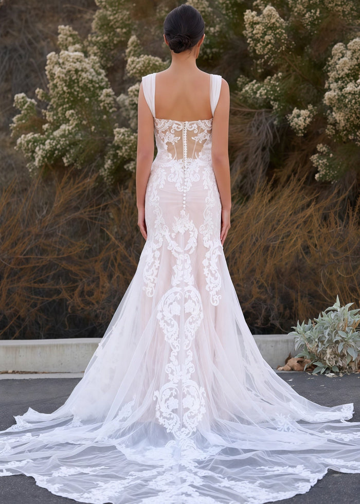 Elsa | Sexy Mermaid Off the Shoulder Appliques Lace White Tulle Wedding Dress Train - Price #price_variant_lowest# - White - PromDressClub