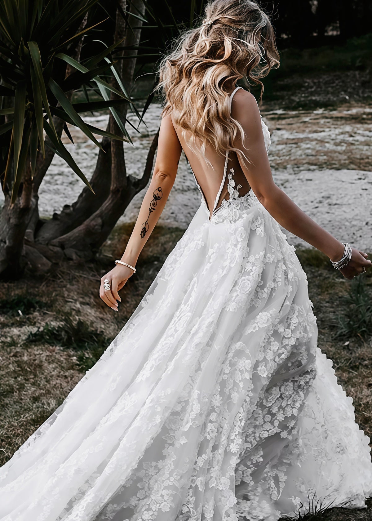Elsie | Boho Spaghetti Straps A Line Appliques Lace White Wedding Dress Train with Slit - Price #price_variant_lowest# - White - PromDressClub