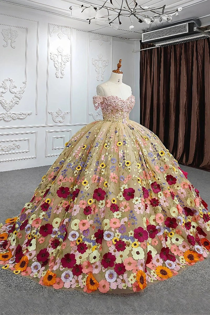 Elsie | Stunning Champagne Beaded 3D Flower Quinceanera Dresses for Special Occasions - Champagne - PromDressClub