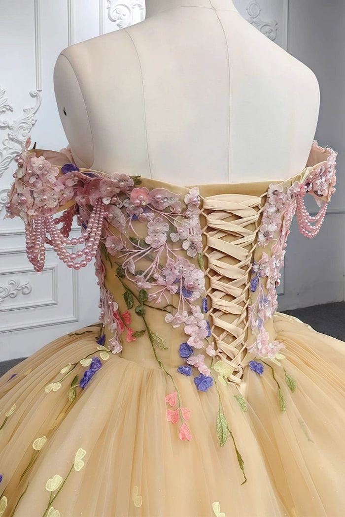 Elsie | Stunning Champagne Beaded 3D Flower Quinceanera Dresses for Special Occasions - Champagne - PromDressClub