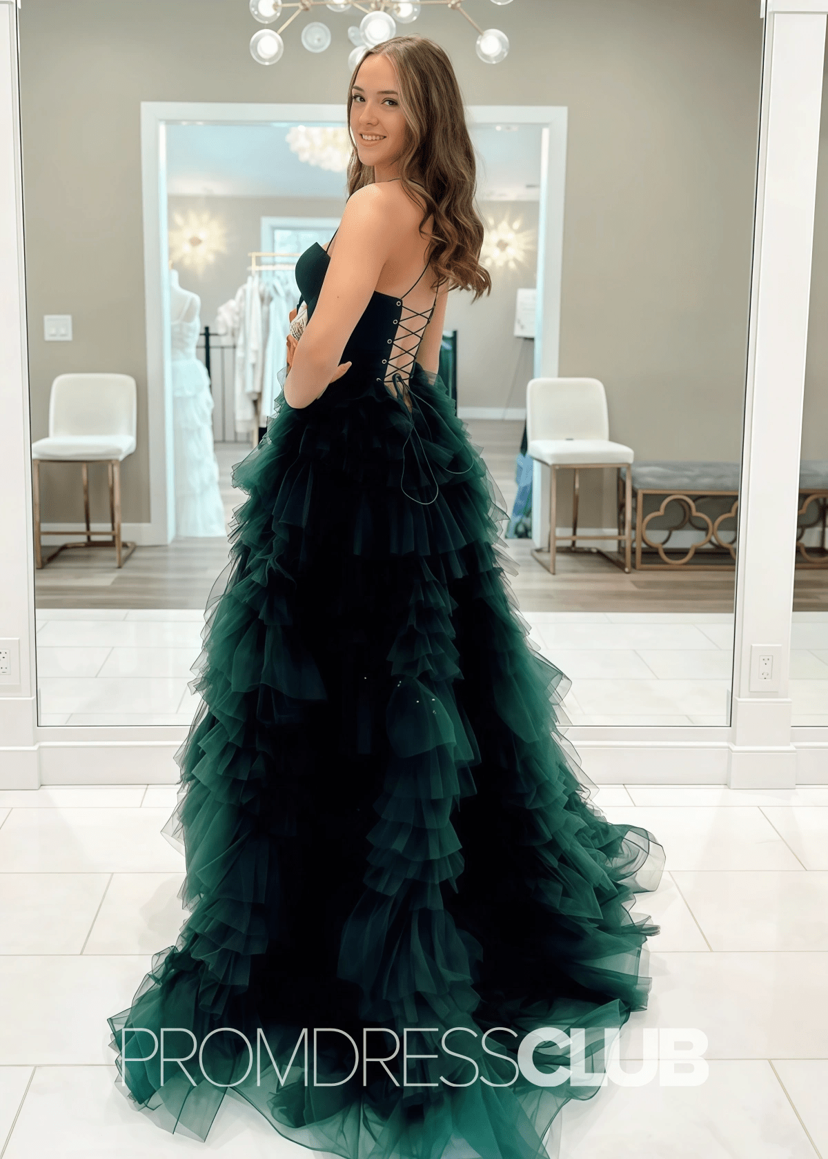 Elvira |A Line Dark Green Prom Dresses Long Sweetheart Tulle Tiered Corset - Dark Green - PromDressClub