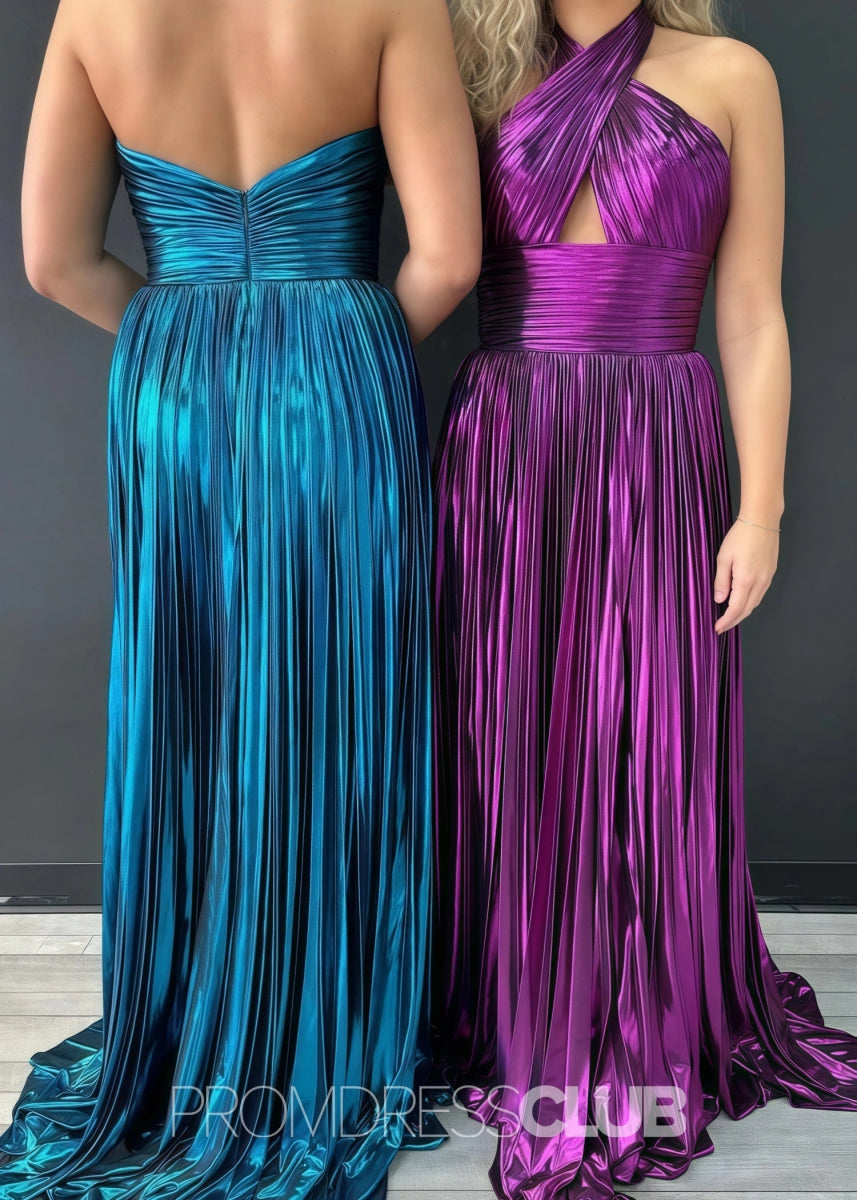 Elvira |Long Emerald Green Prom Dress Metallic With Halter Neck A Line Pleated Criss Slit - Peacock - PromDressClub