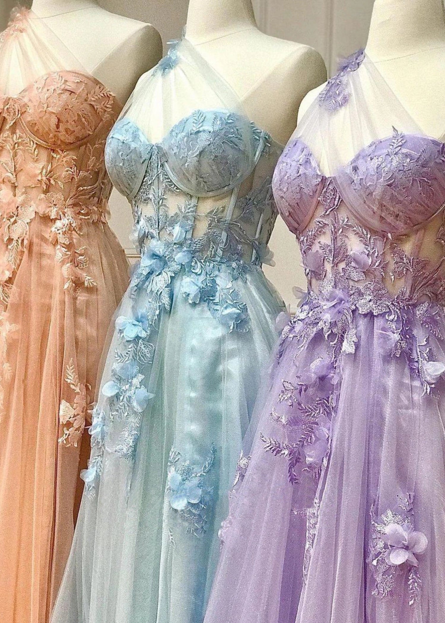 Emily | Light Pink Black Lace A Line One Shoulder Tulle Prom Dress Split - Lavender - PromDressClub