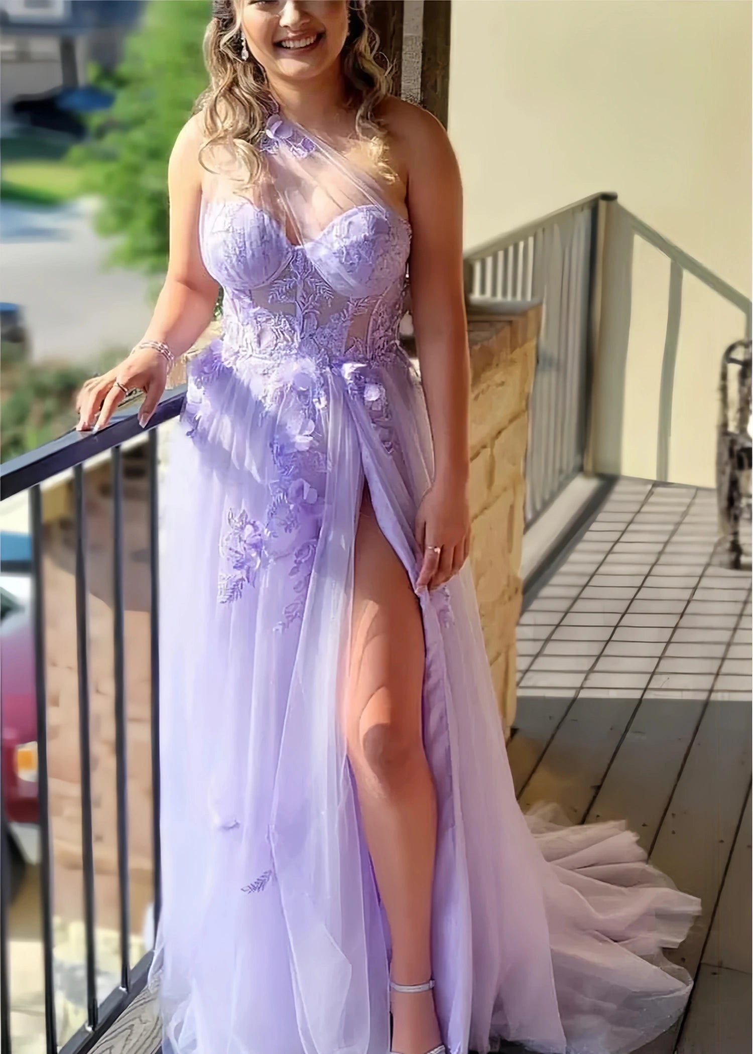 Emily | Light Pink Black Lace A Line One Shoulder Tulle Prom Dress Split - Lavender - PromDressClub