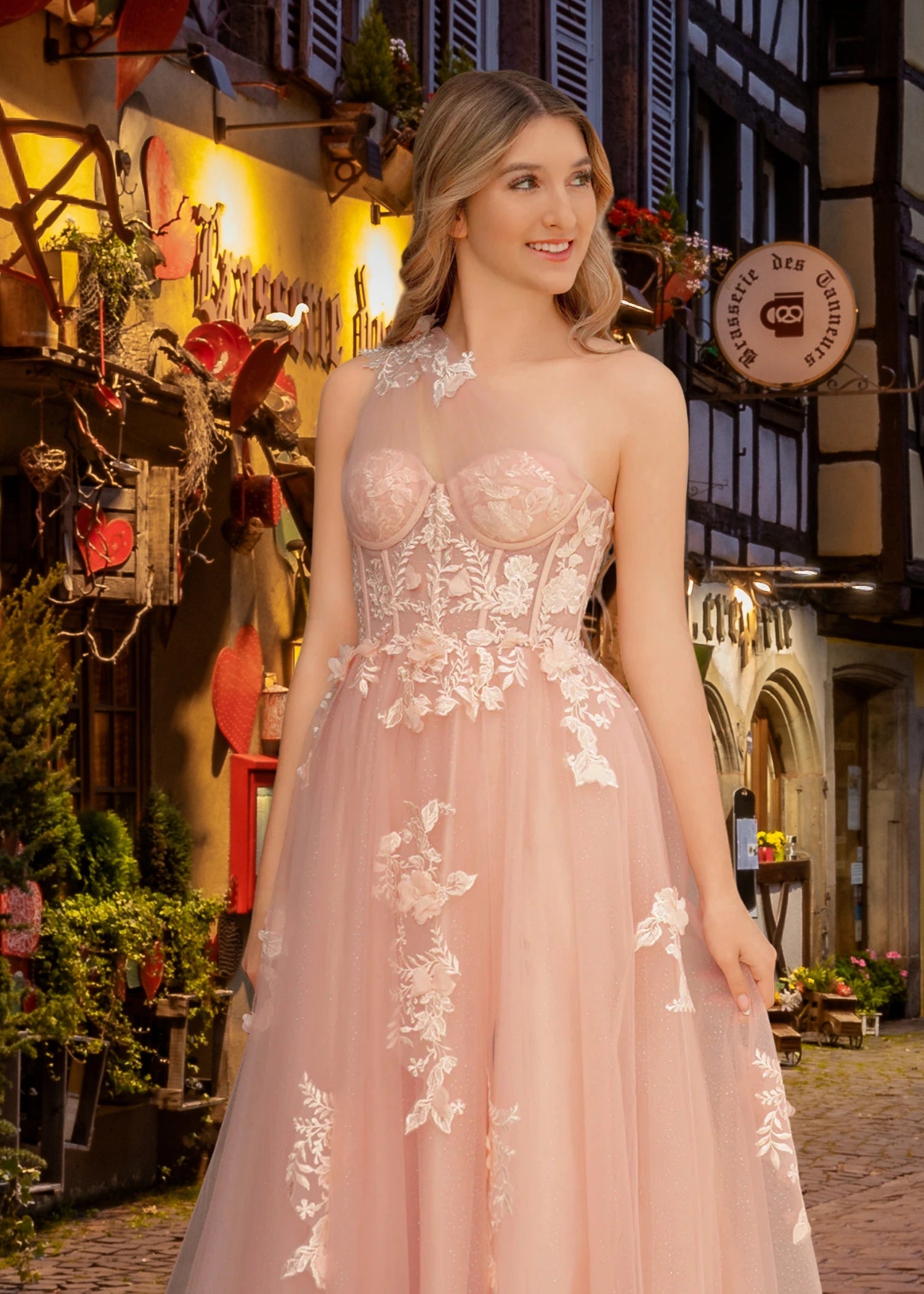 Emily | Light Pink Black Lace A Line One Shoulder Tulle Prom Dress Split - Light Pink - PromDressClub