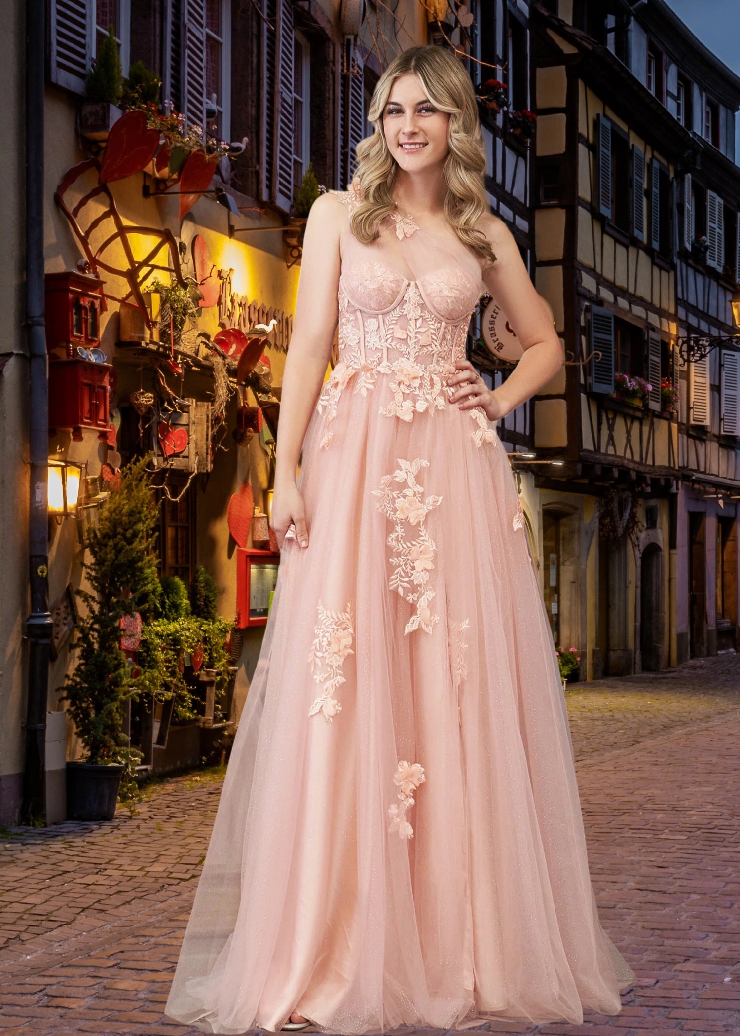 Emily | Light Pink Black Lace A Line One Shoulder Tulle Prom Dress Split - Light Pink - PromDressClub