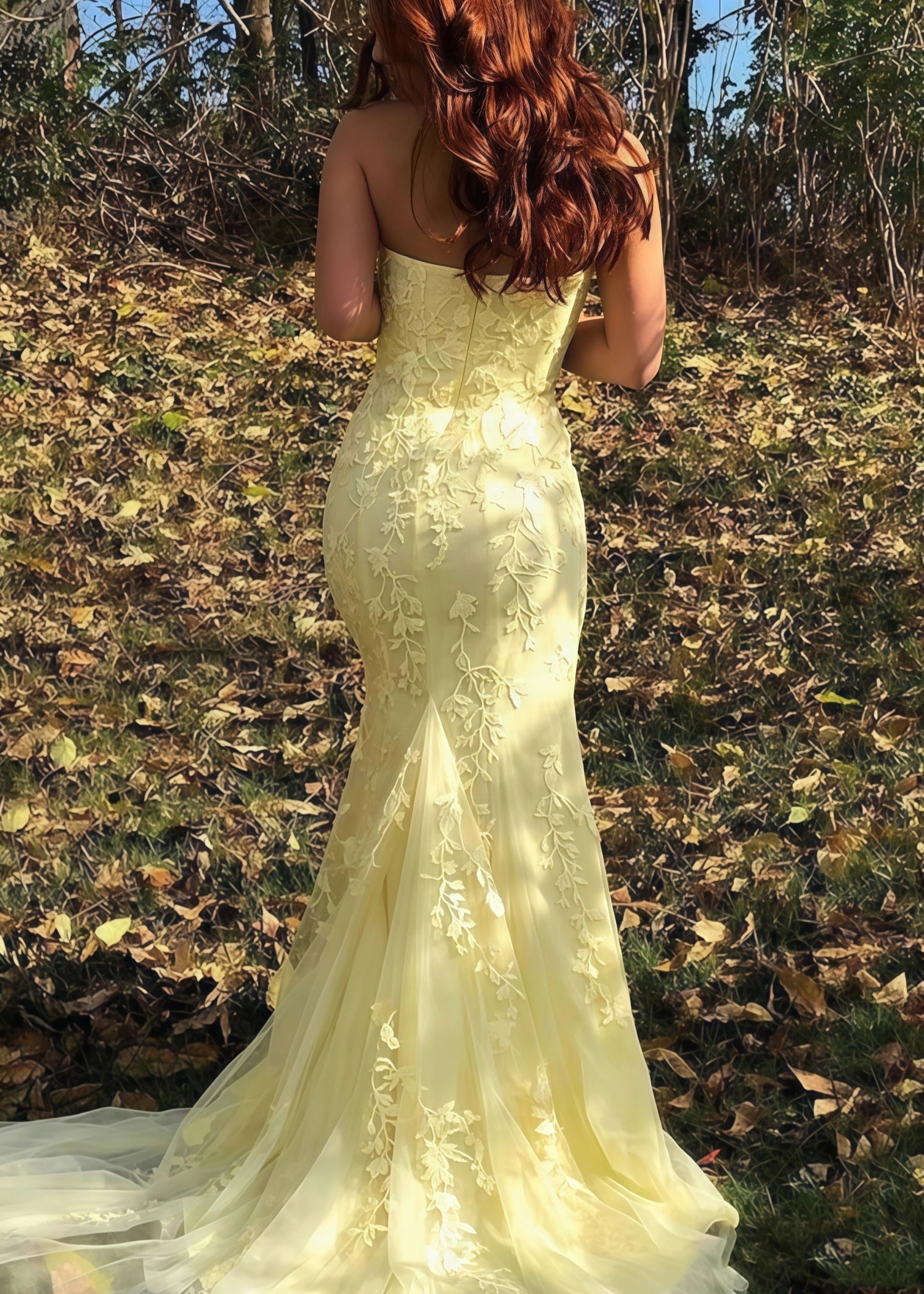 Emma | Light Pink Yellow Lace Mermaid Corset Backless Strapless Formal Dress with Slit - Yellow - PromDressClub