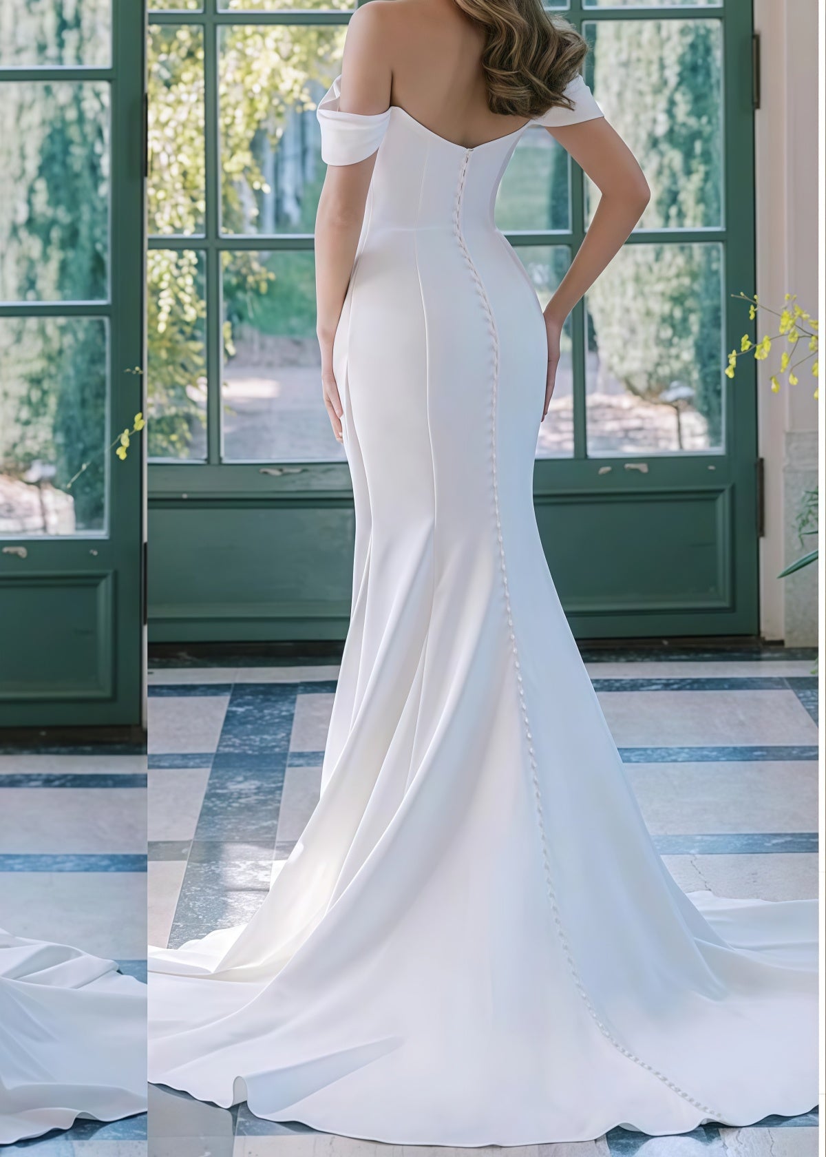 Emma | Modern Mermaid Off the Shoulder Backless Long White Chiffon Wedding Dress Train with Buttons - Price #price_variant_lowest# - White - PromDressClub
