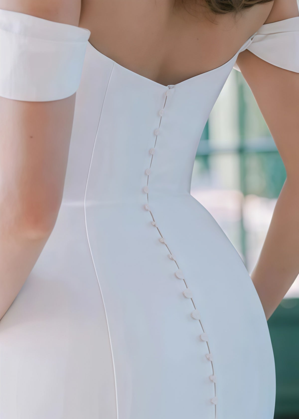 Emma | Modern Mermaid Off the Shoulder Backless Long White Chiffon Wedding Dress Train with Buttons - Price #price_variant_lowest# - White - PromDressClub