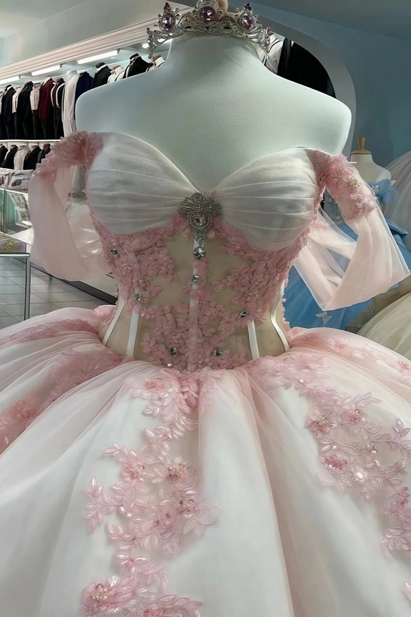 Emma | Stunning Elegant Light Pink Beaded Quinceanera Dresses Off the Shoulder - Light Pink - PromDressClub