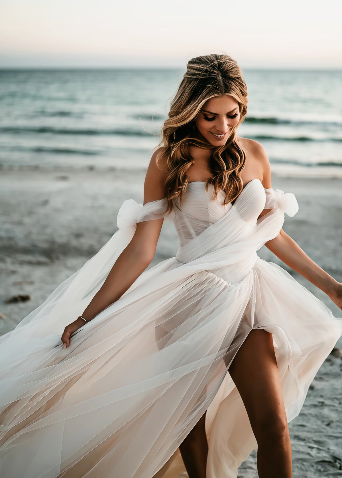 Enid | Glamorous Beach Off the Shoulder A Line Champagne Tulle Wedding Dress with Slit - Price #price_variant_lowest# - Champagne - PromDressClub