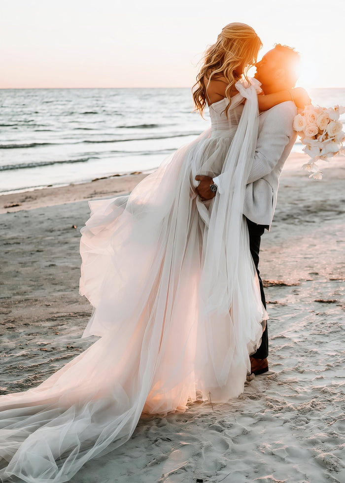 Enid | Glamorous Beach Off the Shoulder A Line Champagne Tulle Wedding Dress with Slit - Price #price_variant_lowest# - Champagne - PromDressClub