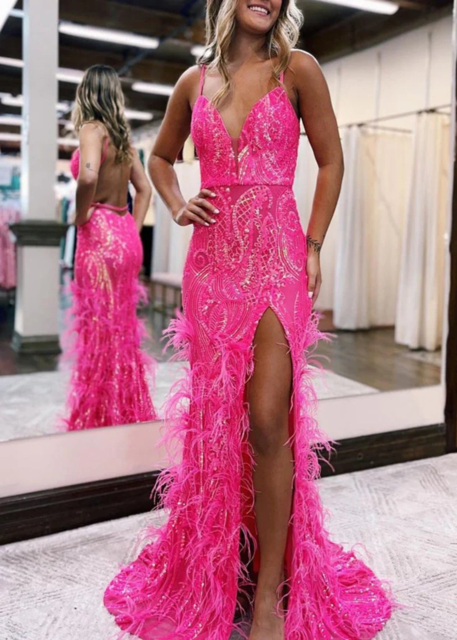 Enid | Blue Orange Sequin Mermaid Feather Prom Dresses with Slit - Hot Pink - PromDressClub