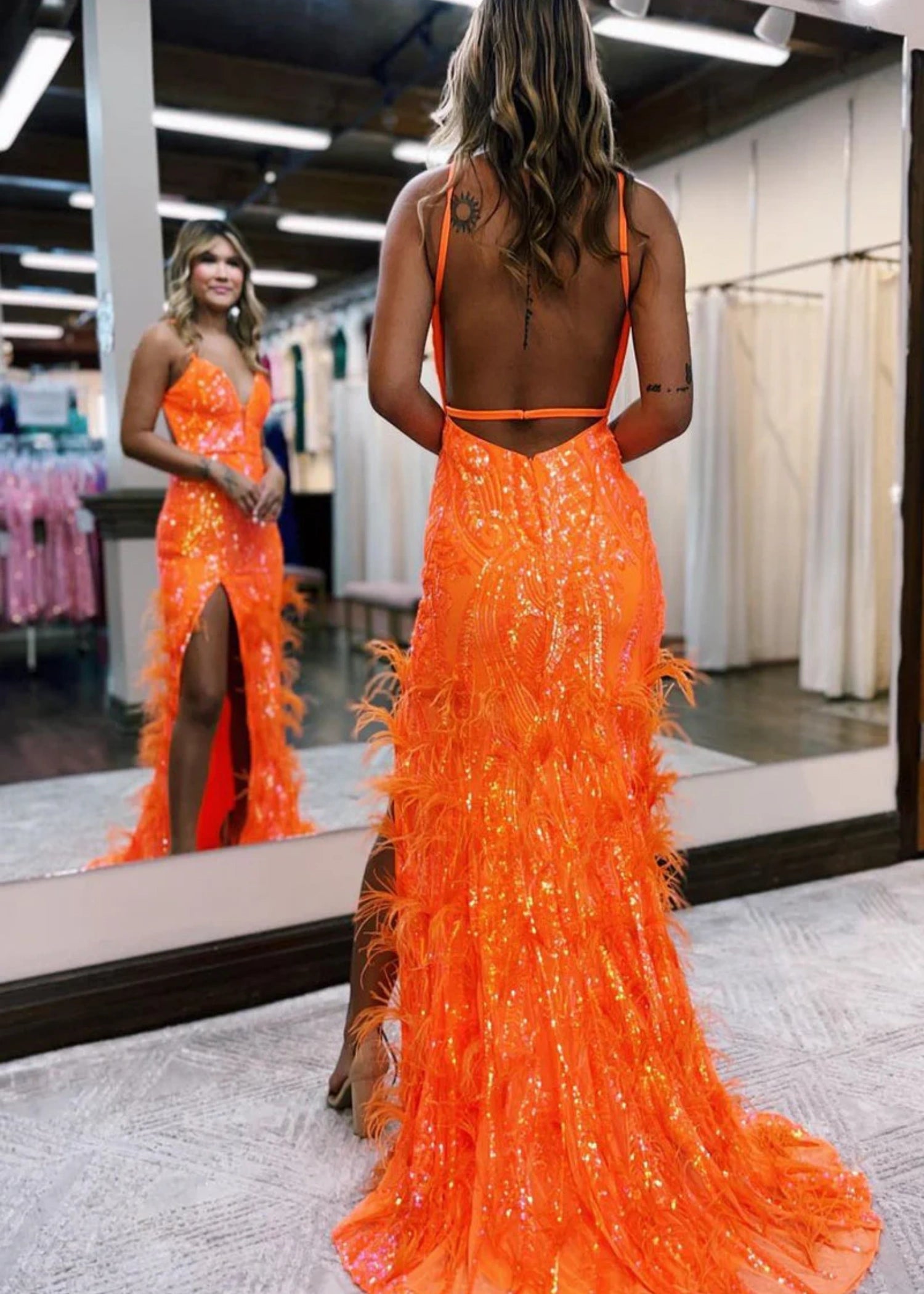 Enid | Blue Orange Sequin Mermaid Feather Prom Dresses with Slit - Orange - PromDressClub