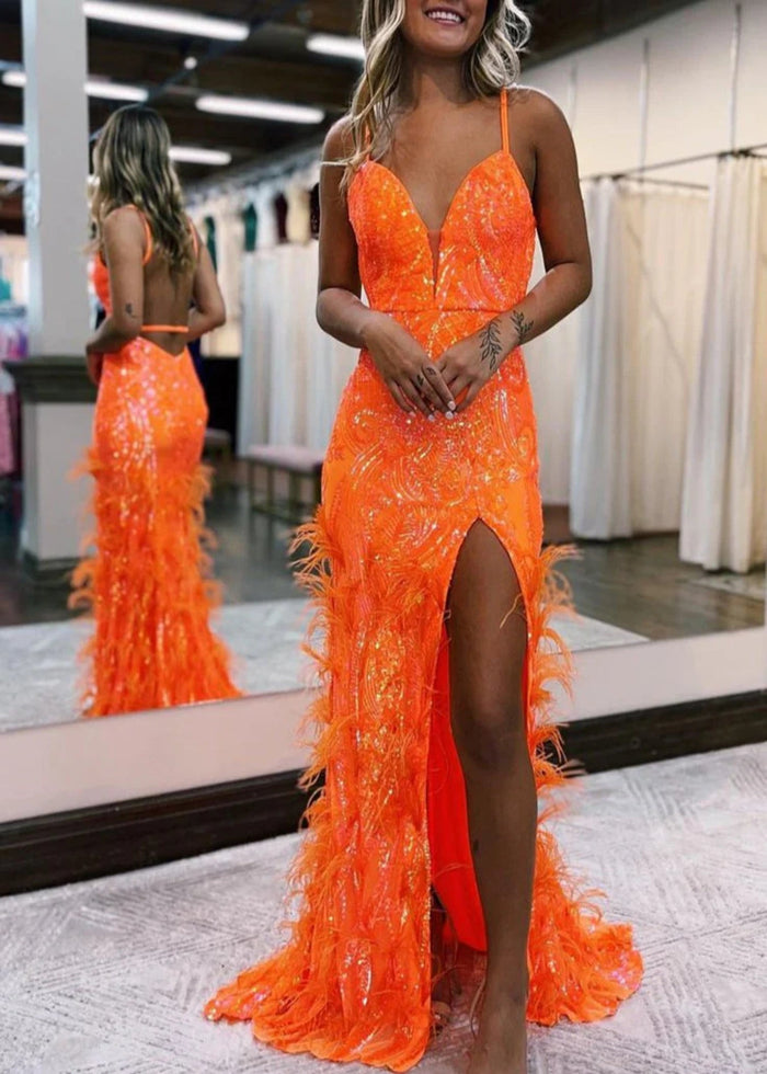 Enid | Blue Orange Sequin Mermaid Feather Prom Dresses with Slit - Orange - PromDressClub