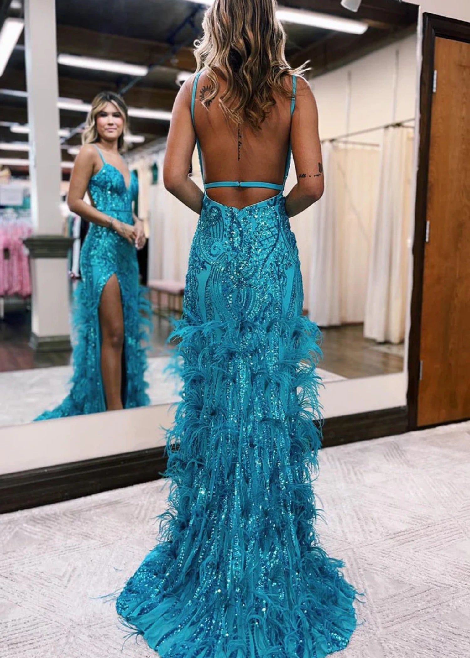 Enid | Blue Orange Sequin Mermaid Feather Prom Dresses with Slit - Peacock - PromDressClub