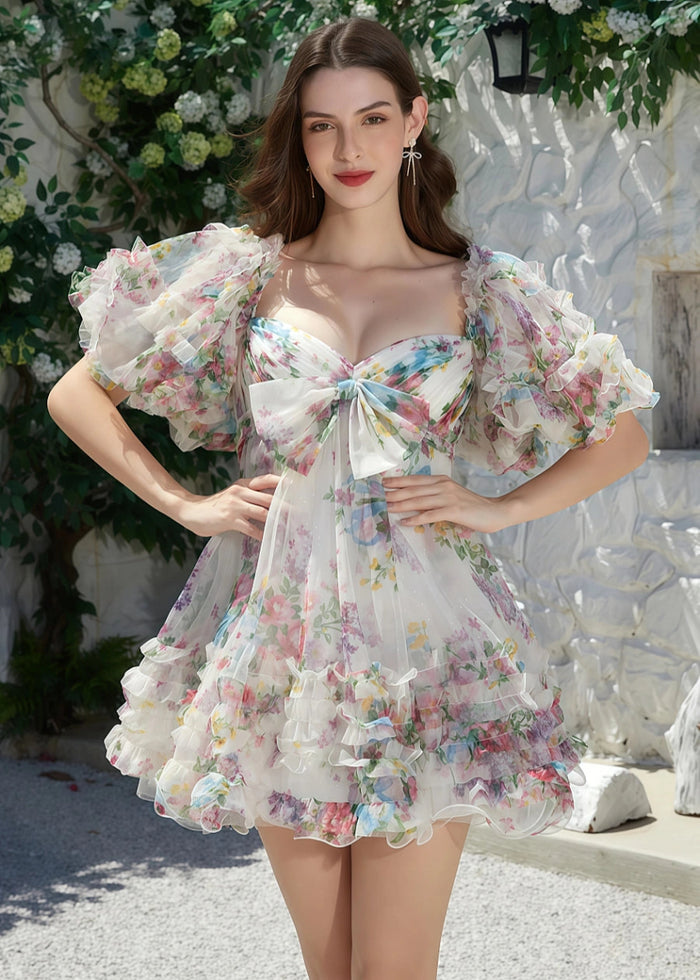 Ereshkigal | Dreamy Floral Homecoming Dress: Ruffles & Off the Shoulder Elegance - White Floral - PromDressClub
