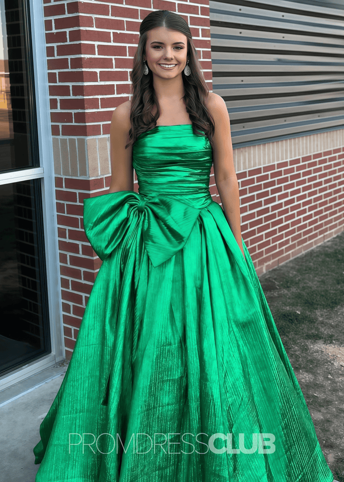Erica |Long Royal Blue Prom Dress Metallic With A Line Strapless Bow - Green - PromDressClub