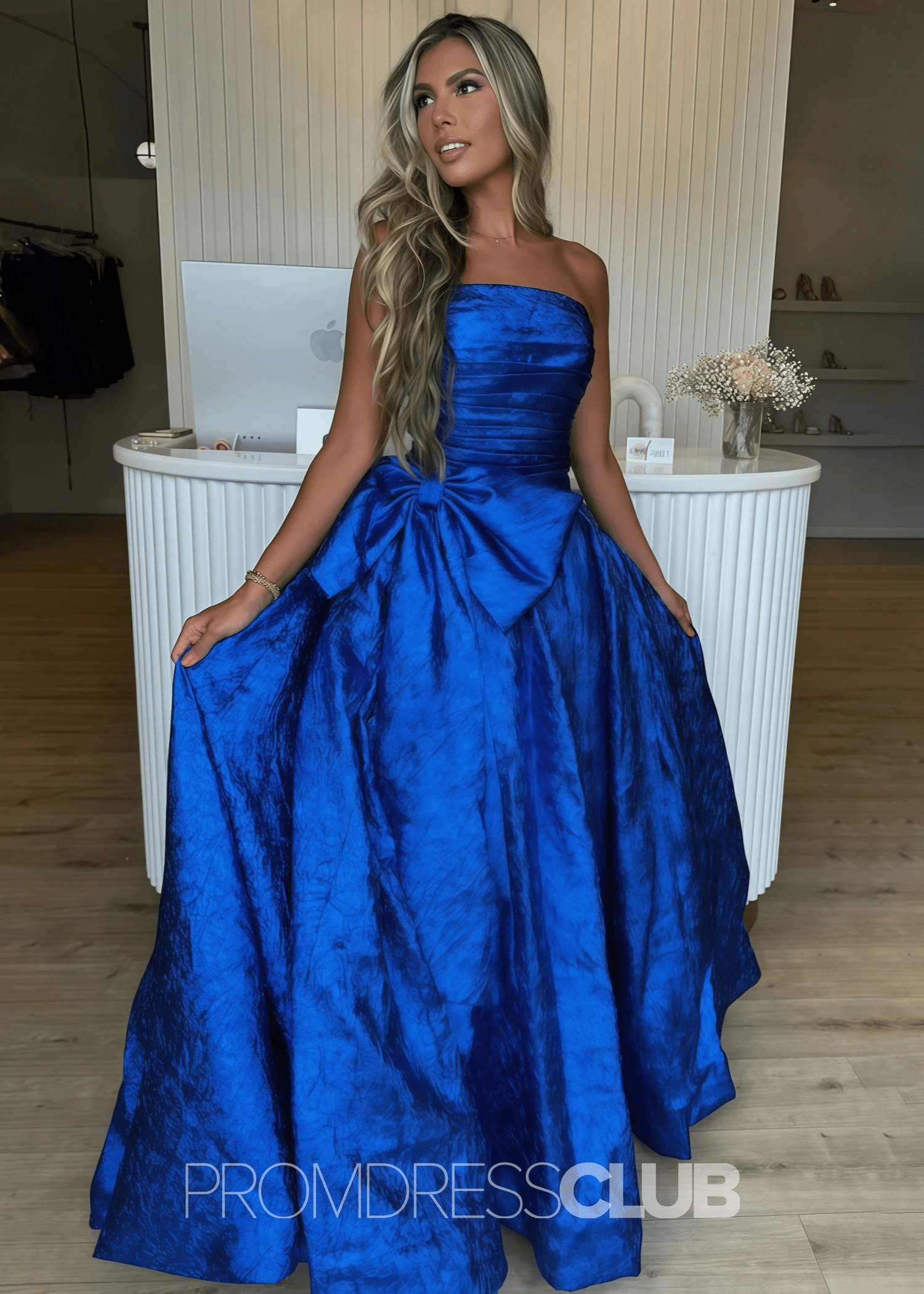 Erica |Long Royal Blue Prom Dress Metallic With A Line Strapless Bow - Royal Blue - PromDressClub
