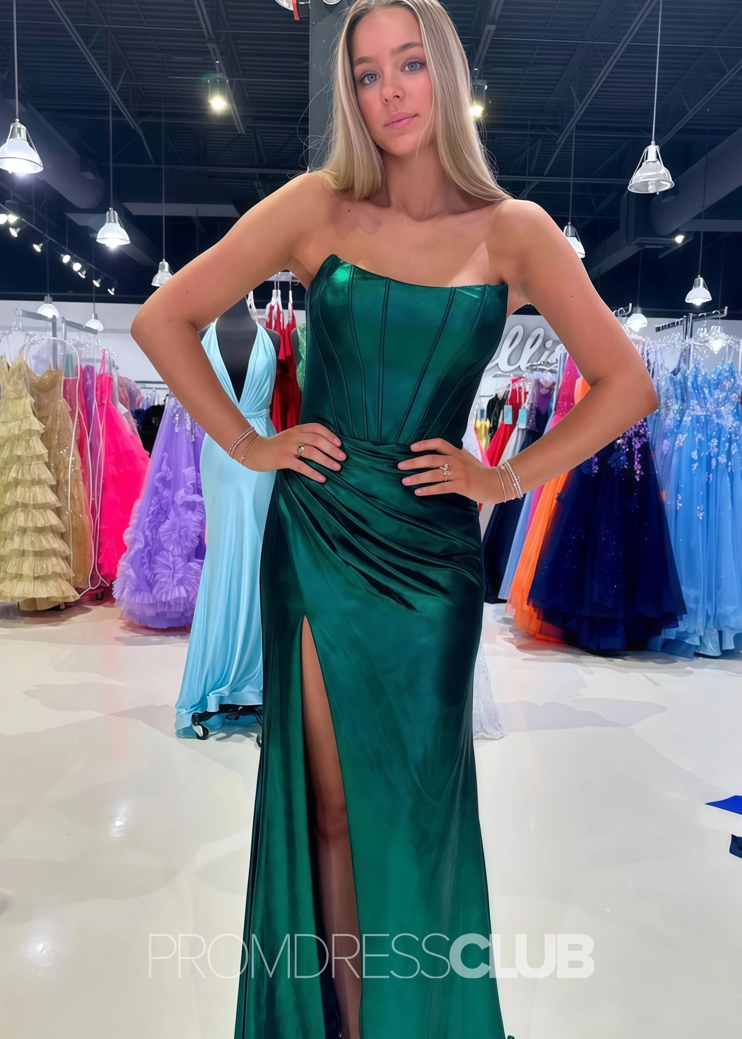 Erin |Long Purple Prom Dress Metallic With A Line Strapless Sheath Split - Dark Green - PromDressClub