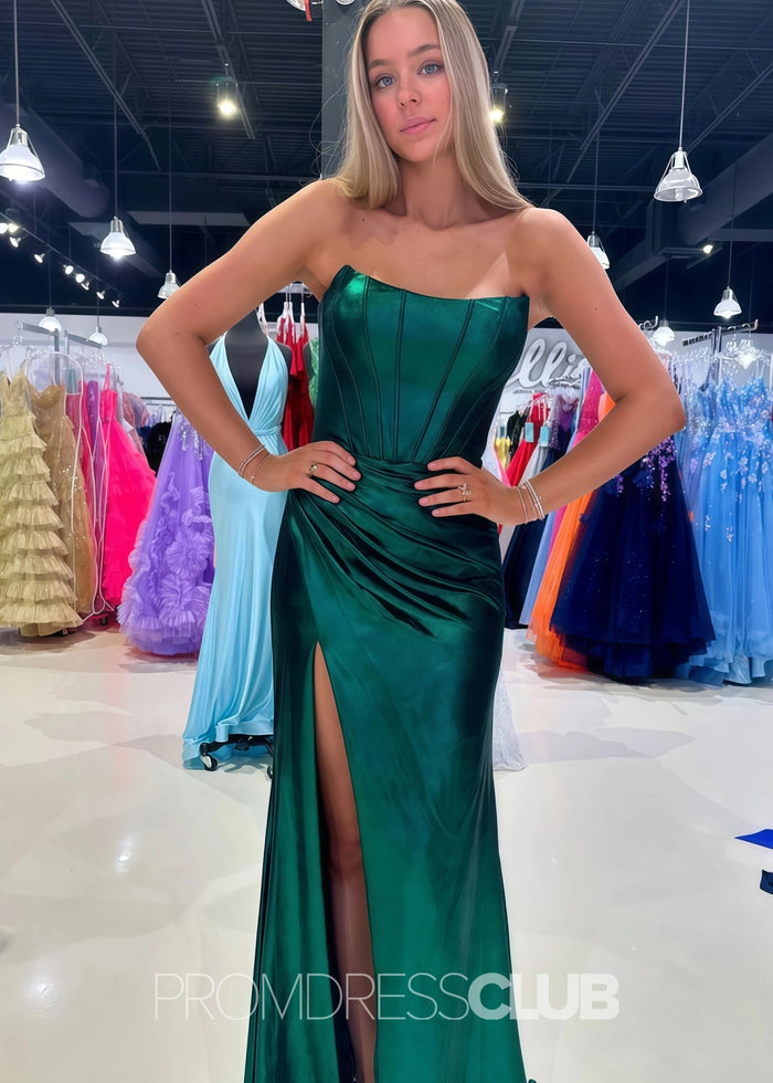 Erin |Long Purple Prom Dress Metallic With A Line Strapless Sheath Split - Dark Green - PromDressClub
