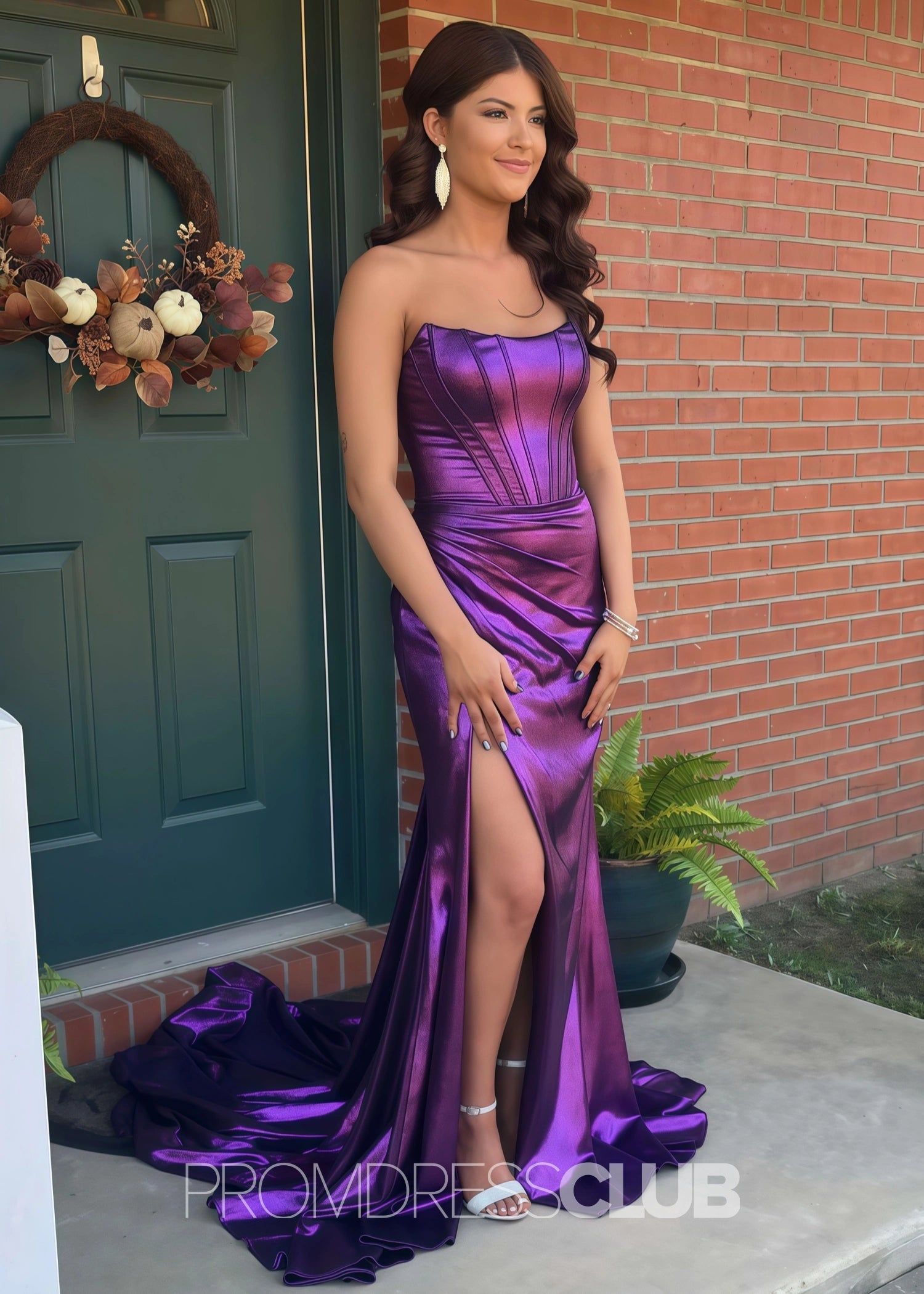 Erin |Long Purple Prom Dress Metallic With A Line Strapless Sheath Split - Purple - PromDressClub