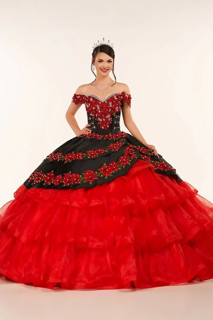 Erin | Stunning Red and Black Flower Quinceanera Dresses with Ruffles - Red - PromDressClub