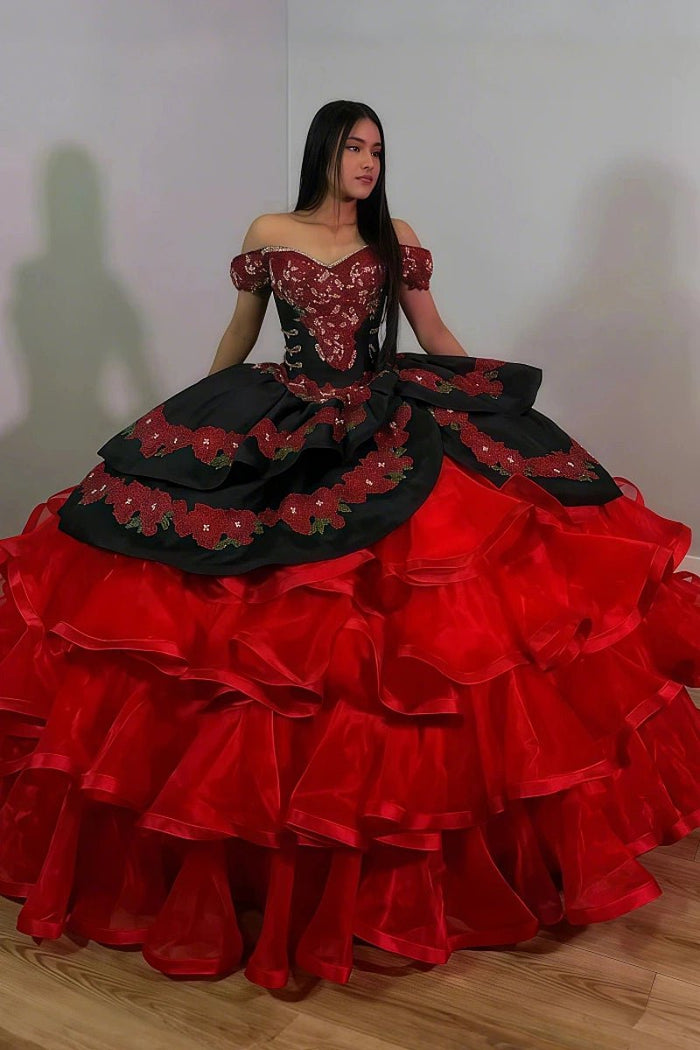 Erin | Stunning Red and Black Flower Quinceanera Dresses with Ruffles - Red - PromDressClub