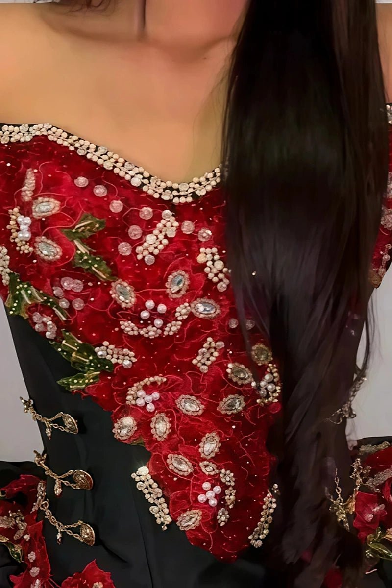 Erin | Stunning Red and Black Flower Quinceanera Dresses with Ruffles - Red - PromDressClub