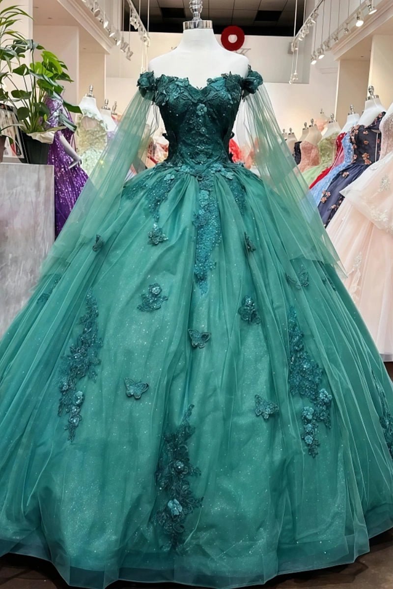 Estelle | Stunning Red/Emerald Green/Dusty Blue Lace Flower Off the Shoulder Quinceanera Dresses - Emerald Green - PromDressClub