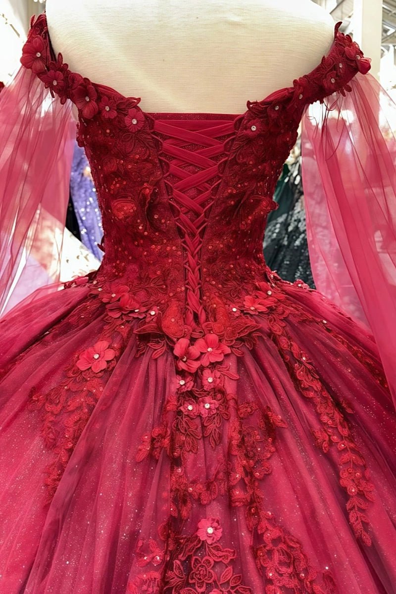 Estelle | Stunning Red/Emerald Green/Dusty Blue Lace Flower Off the Shoulder Quinceanera Dresses - Red - PromDressClub