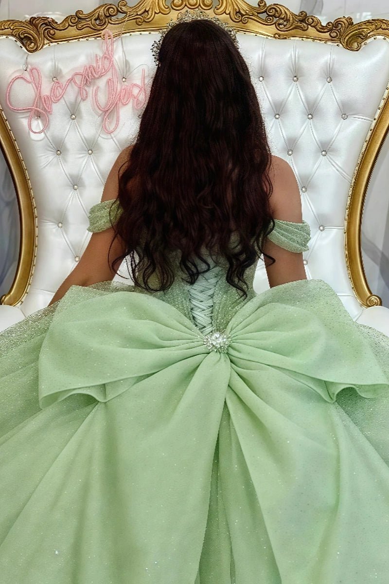 Estelle | Stunning Sage Green Ruffled Quinceanera Dress with Big Bows - Sage - PromDressClub