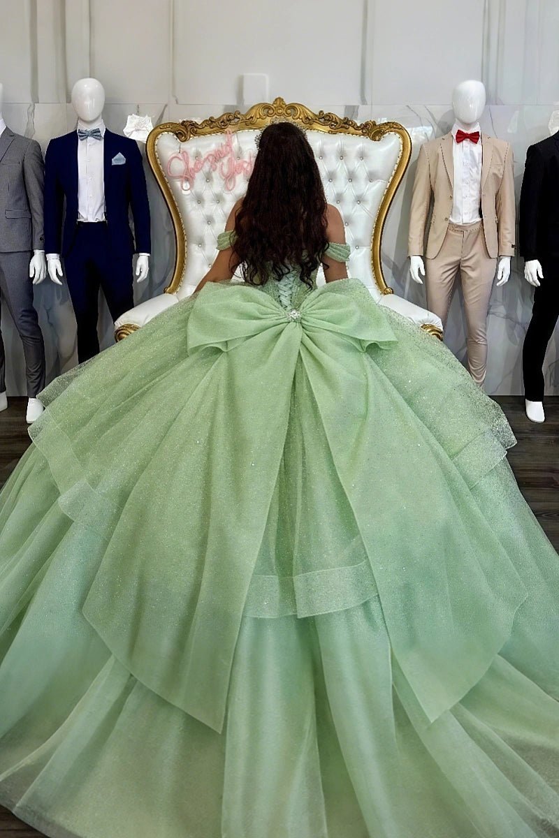 Estelle | Stunning Sage Green Ruffled Quinceanera Dress with Big Bows - Sage - PromDressClub