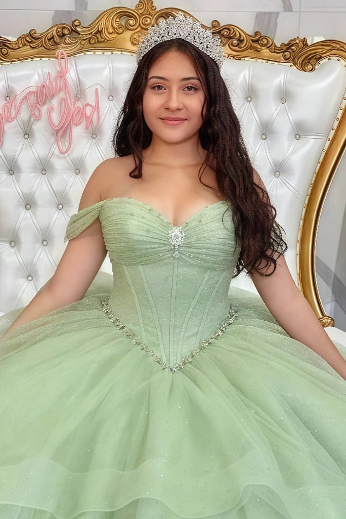 Estelle | Stunning Sage Green Ruffled Quinceanera Dress with Big Bows - Sage - PromDressClub
