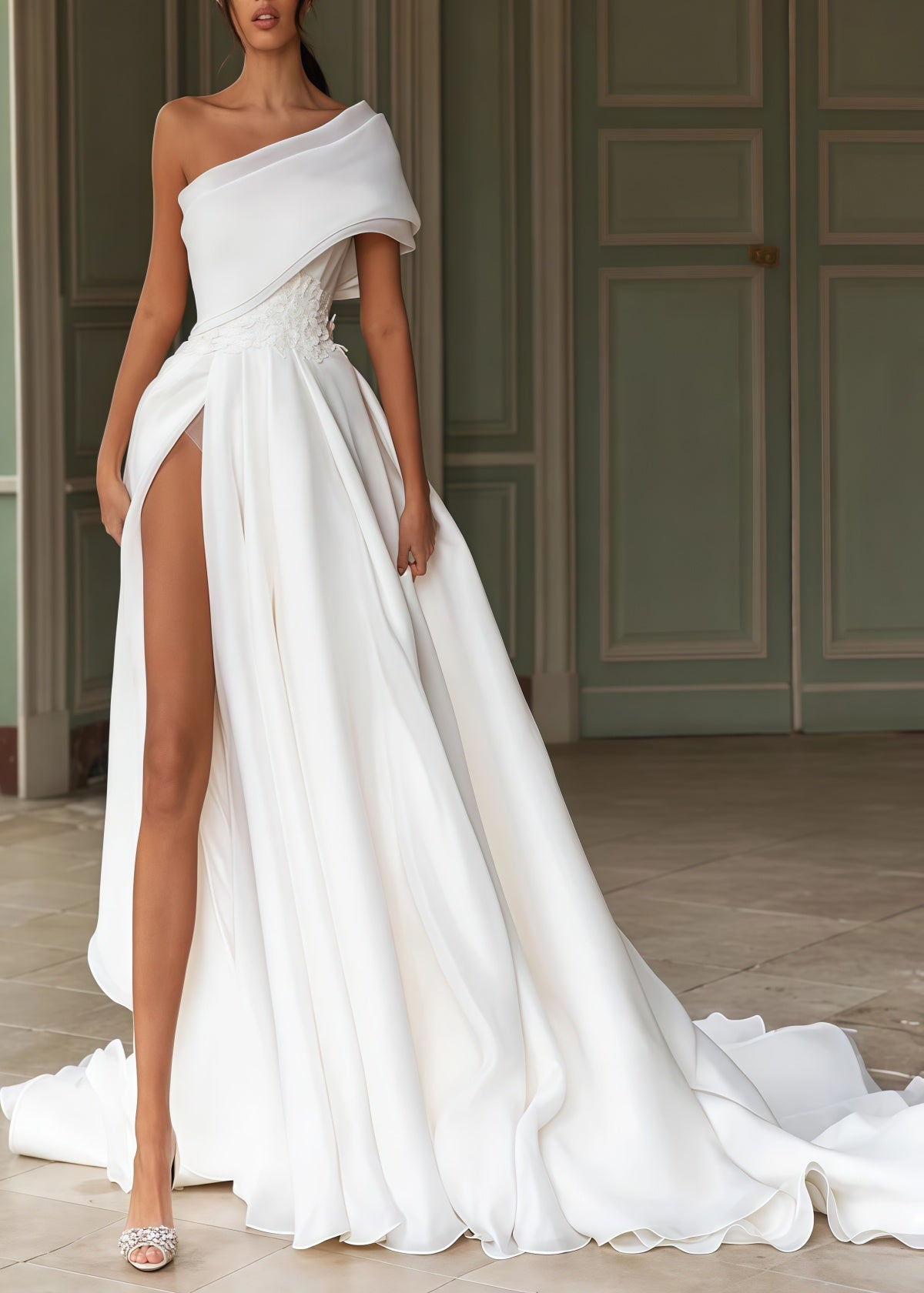 Esther | A Line Appliques Lace One Shoulder White Organza Wedding Dress Train with Slit - Price #price_variant_lowest# - White - PromDressClub