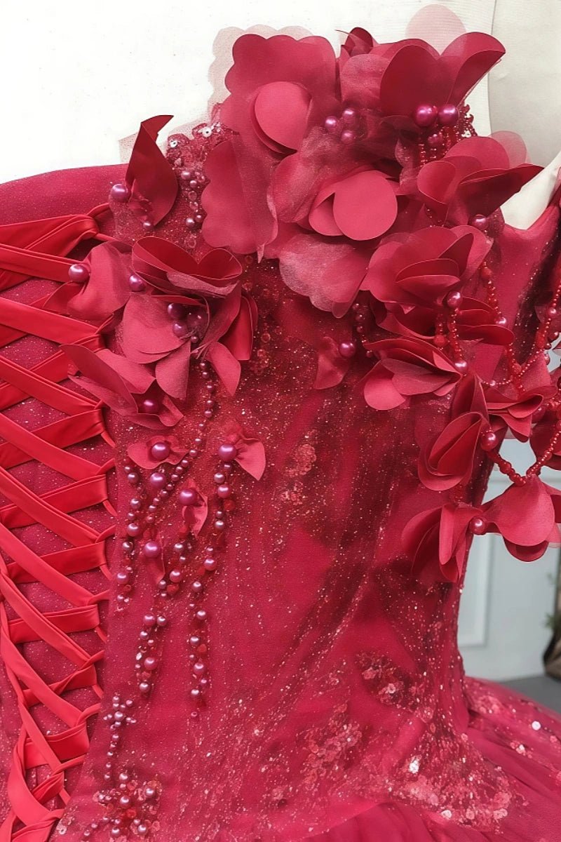 Esther | Gorgeous Red Beaded Quinceanera Flower Dresses for Memorable Occasions - Red - PromDressClub