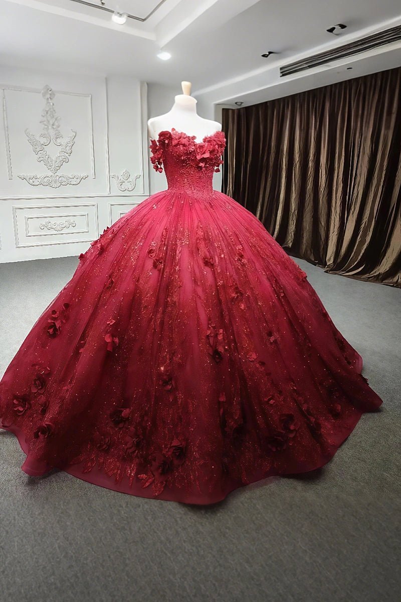 open lace back dress 2026 Custom Made 3D Flower Dark Red Lace Quinceanera Dresses Off The Shoulder Dark Red / US10 main image 0