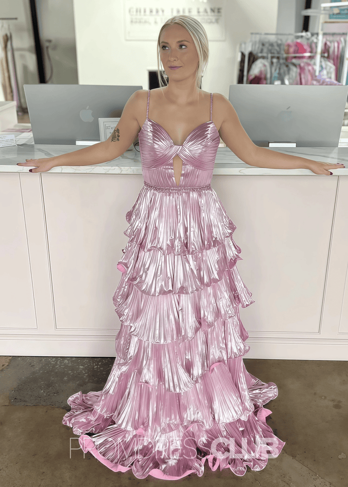 Esther |Long Mulberry Prom Dress Metallic With A Line Sweetheart Spaghetti Straps Tiered - Pink - PromDressClub