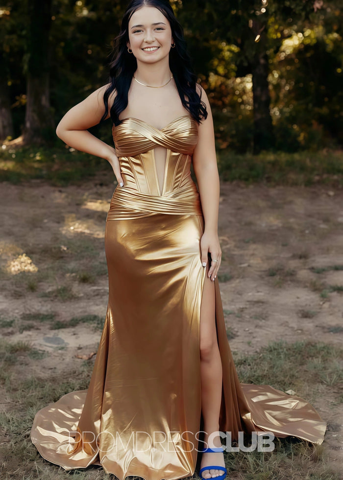 Ethel |Green Long Prom Dress Metallic With Mermaid Sweetheart Slit - Gold - PromDressClub