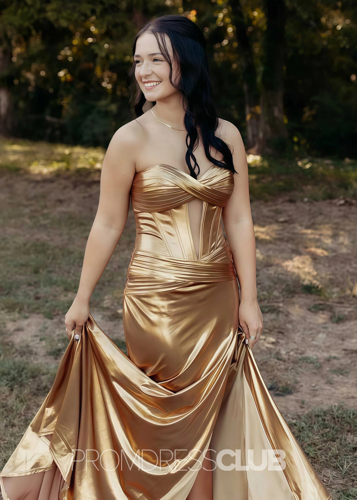 Ethel |Green Long Prom Dress Metallic With Mermaid Sweetheart Slit - Gold - PromDressClub