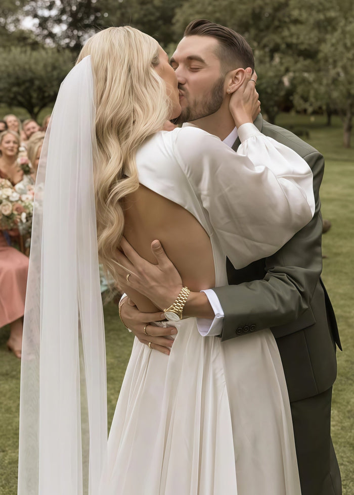 Ethel | Simple A Line White Satin Wedding Dress Long Sleeve Train with V Neck - Price #price_variant_lowest# - White - PromDressClub