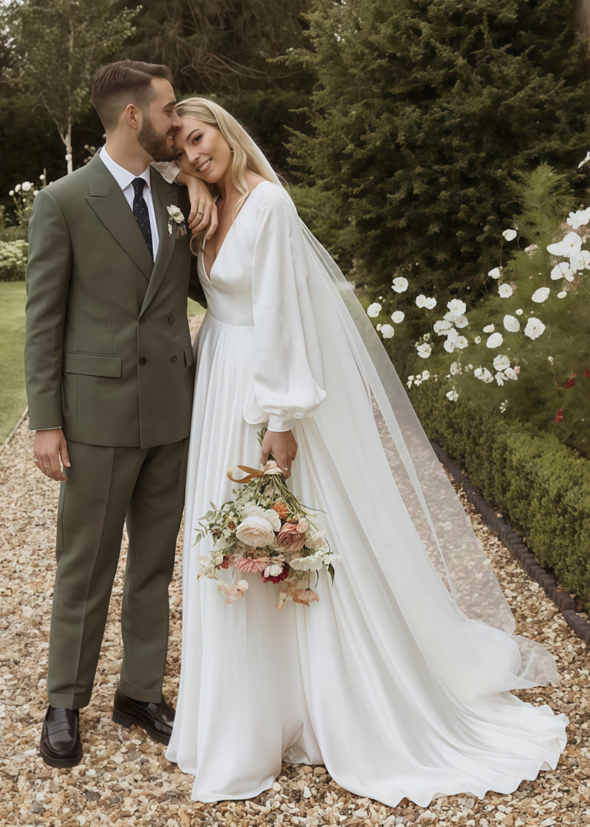 Ethel | Simple A Line White Satin Wedding Dress Long Sleeve Train with V Neck - Price #price_variant_lowest# - White - PromDressClub