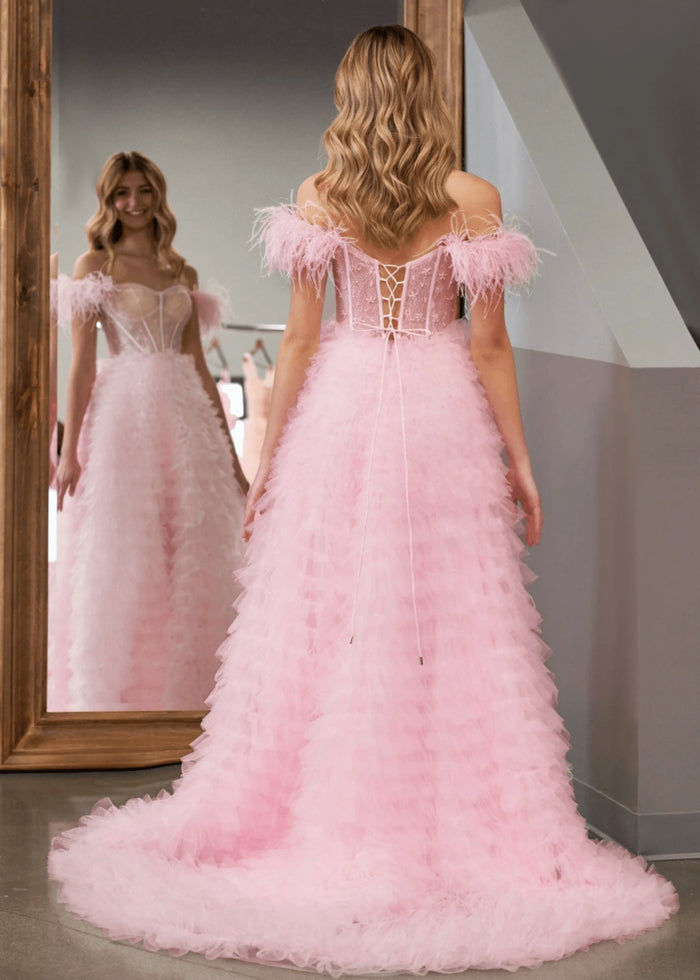 Eudora | Light Pink Red Ball Gown/Princess Off the Shoulder Feather Tulle Formal Dress with Slit - Light Pink - PromDressClub