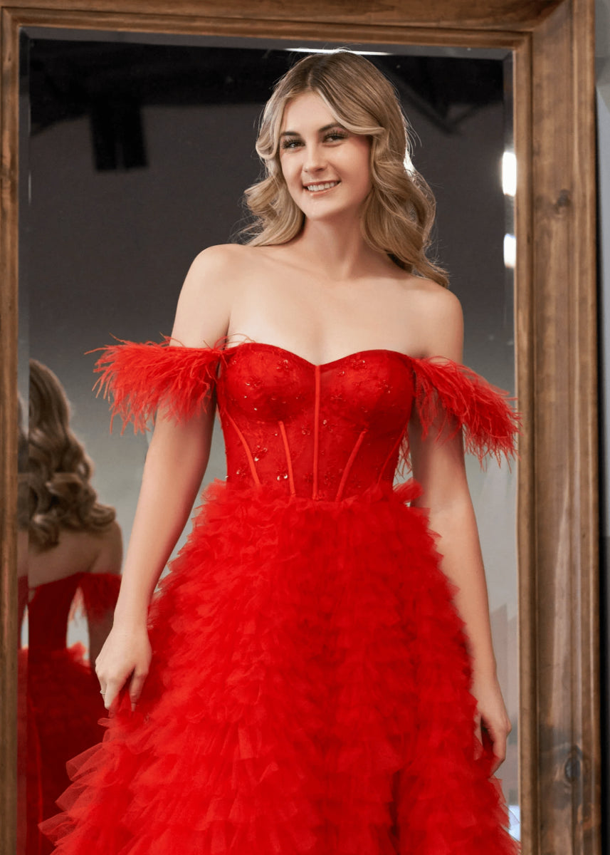 Eudora | Light Pink Red Ball Gown/Princess Off the Shoulder Feather Tulle Formal Dress with Slit - Red - PromDressClub